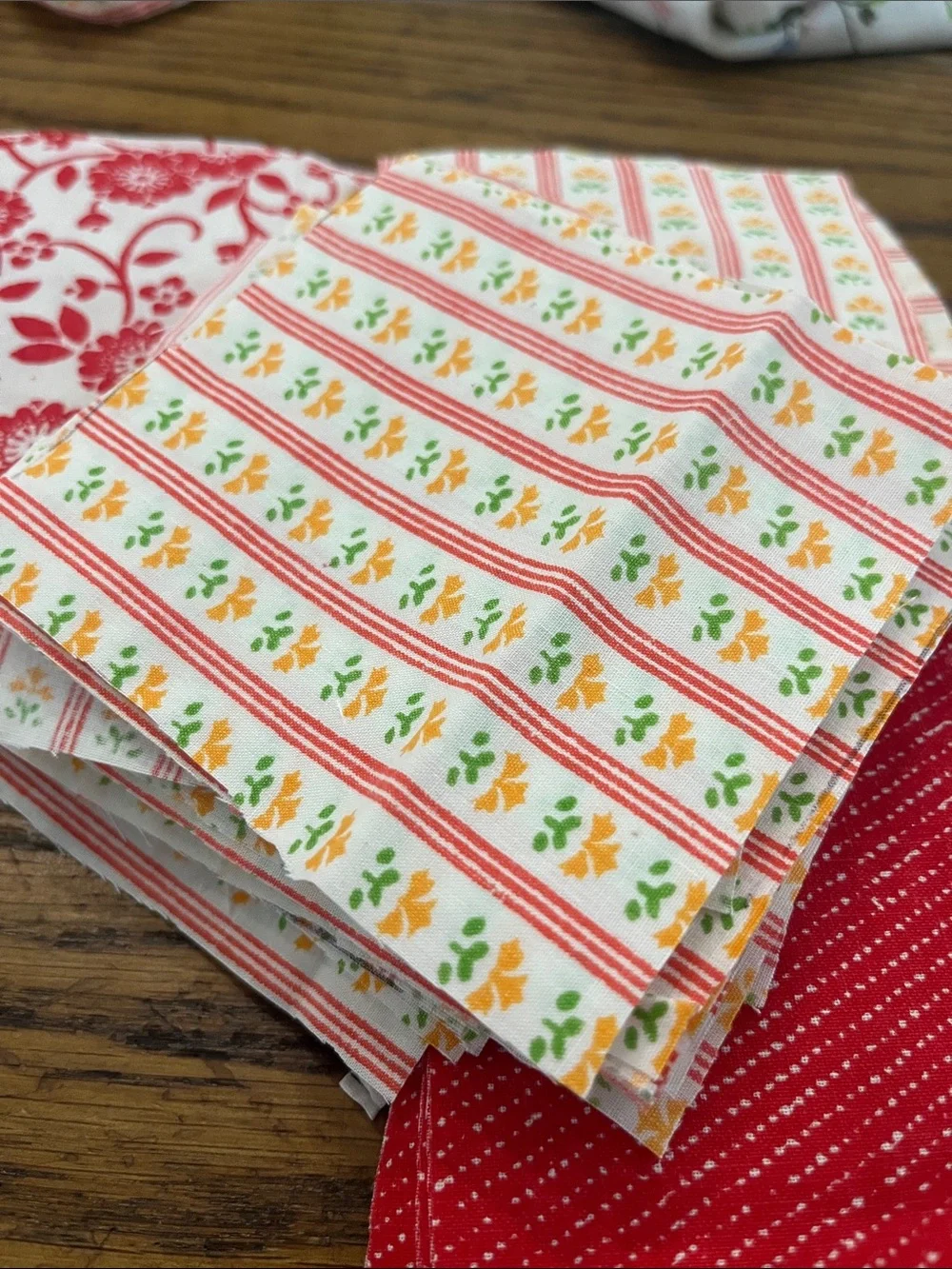 Vintage patchwork cotton Red Floral & Stripe Quilting Fabric Bundle -